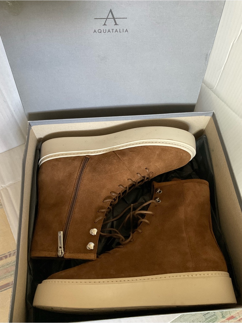 Aquatalia Brown Suede High-Top Boots with Cream Sole
